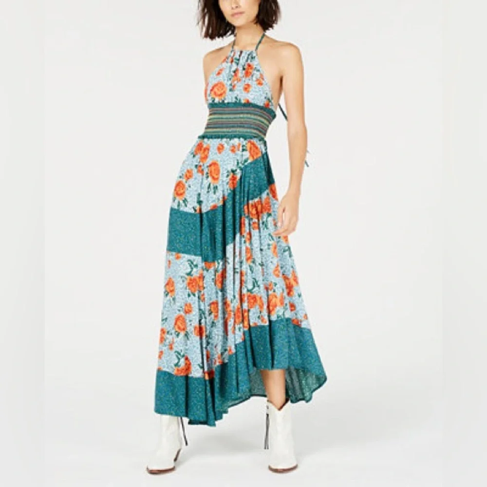 Free people intimately Gabriela maxi floral boho halter dress size large